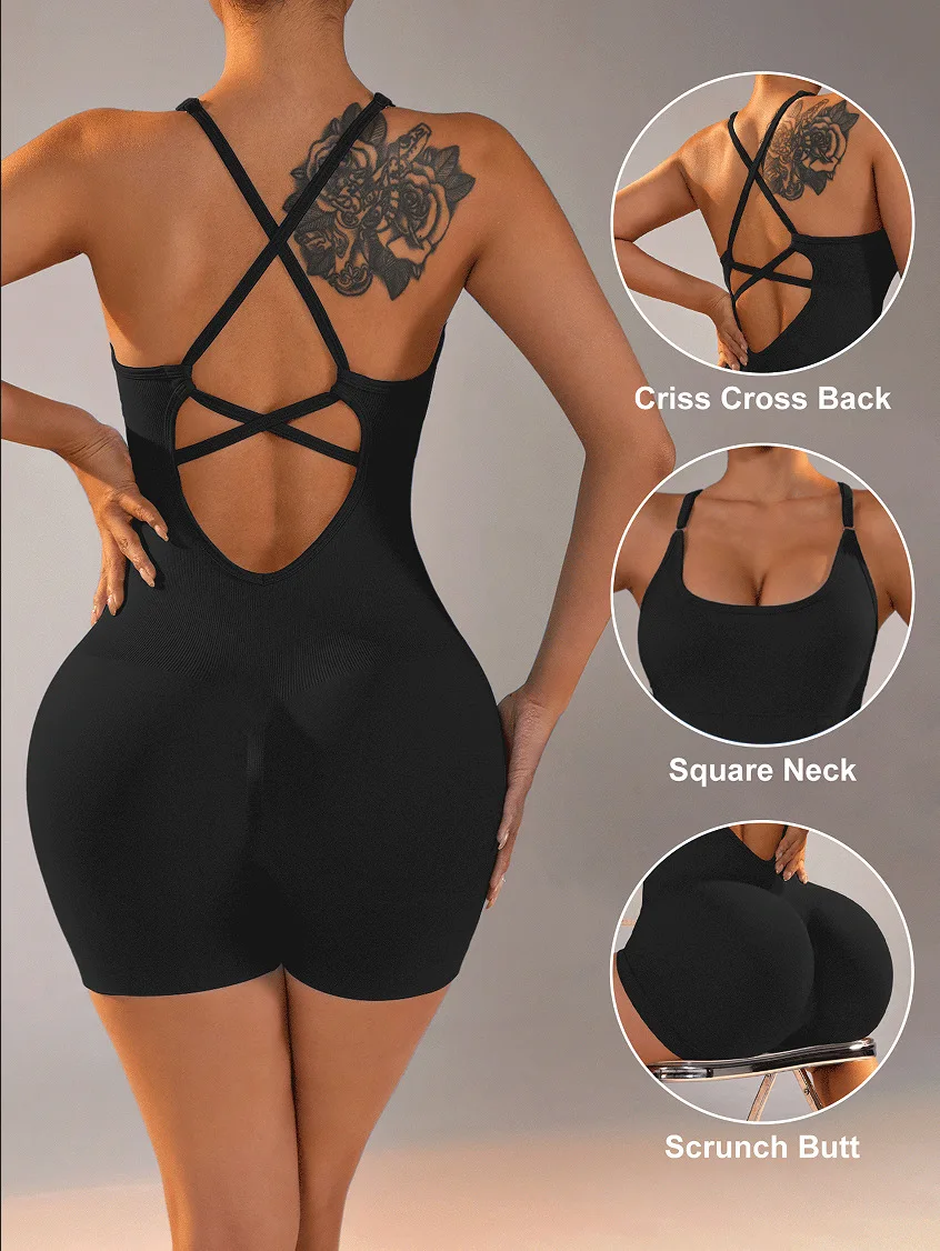 Sexy Fitness Overall Frauen Kreuz Einstellbare Sport Overall Laufen Ein Stück Yoga Anzug Scrunch Shorts Backless Set Strampler