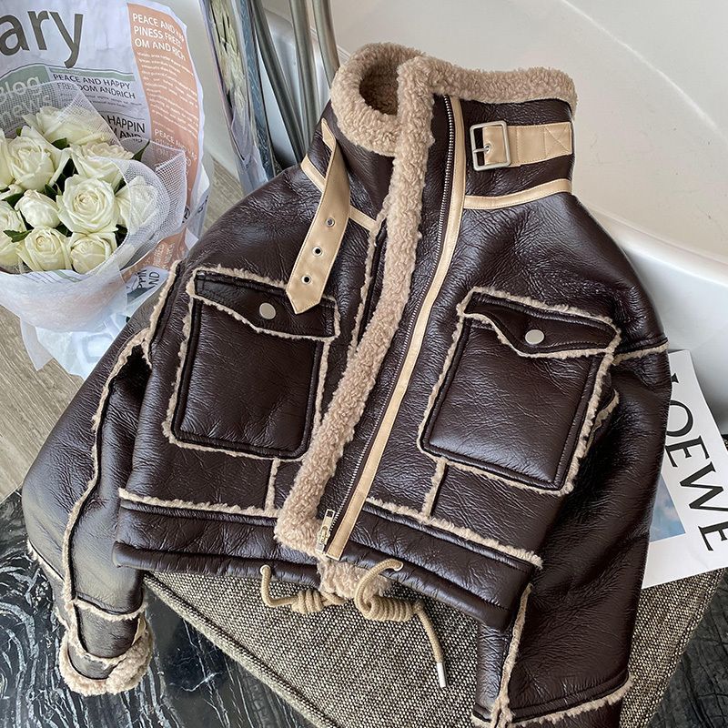 Schwarze Lamm wolle Jacke Winter verdickt plus Samt Motorrad Kunstleder Näh mantel Pu Plüsch Strickjacke Stehkragen Tops