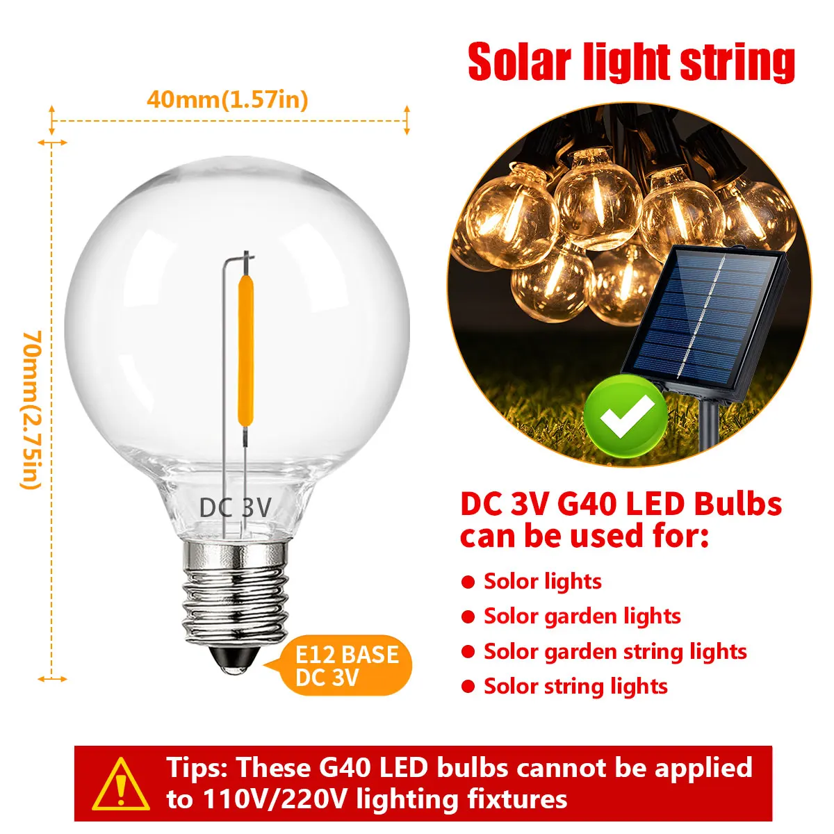 Lampadina a LED G40 E12 Base lampada a filamento in plastica PET DC 3V 1W lampadina a Led di ricambio a sfera bianca calda per luce solare a stringa