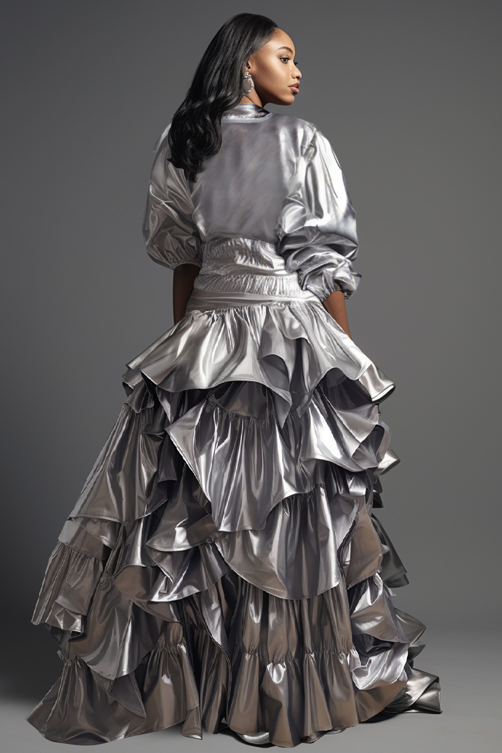 Plus Size Semi Formal Elegant Silver Fall Winter Mock Neck Puff Sleeve Half Sleeve Flounce Metallic Two Piece Skirt Sets