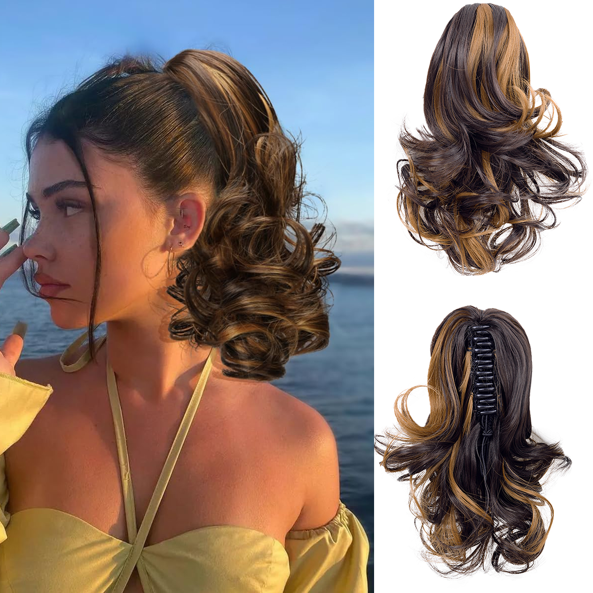 Extensiones de cabello de cola de caballo ondulada corta de pelo sintético, Clip de garra de 12 ", extensión de cabello de cola de caballo sintética para mujeres