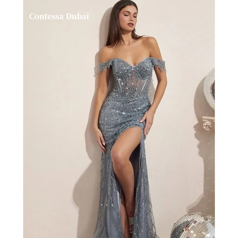 Платье для выпускного вечера Contessa Dubai с блестками и открытыми плечами, с высоким разрезом, вечернее платье русалки по индивидуальному заказу فساتين заслуживае проведения со шлейфом