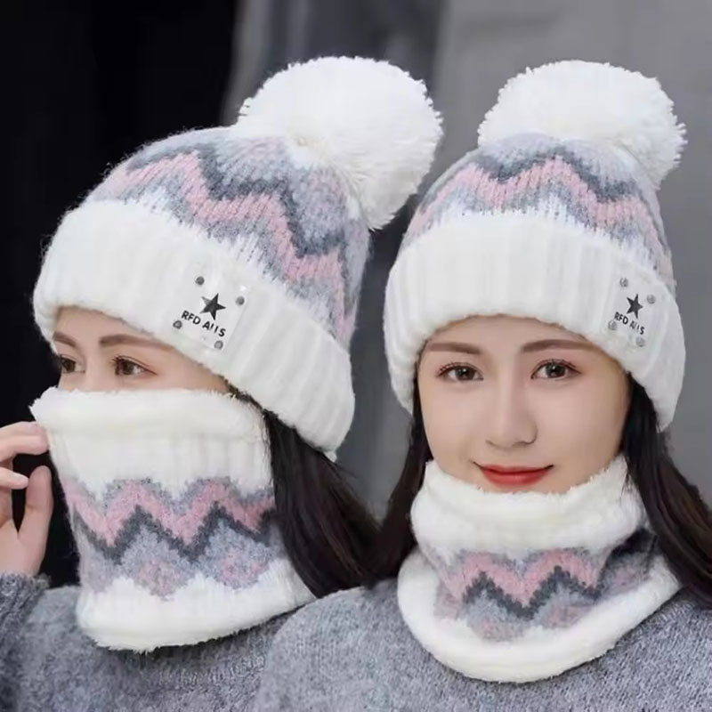 2pcs Winter Cashmere Lined Warm Neck Hat Combination Portable Windproof Ear Protection Hat Knit Printed Versatile Set Accessory