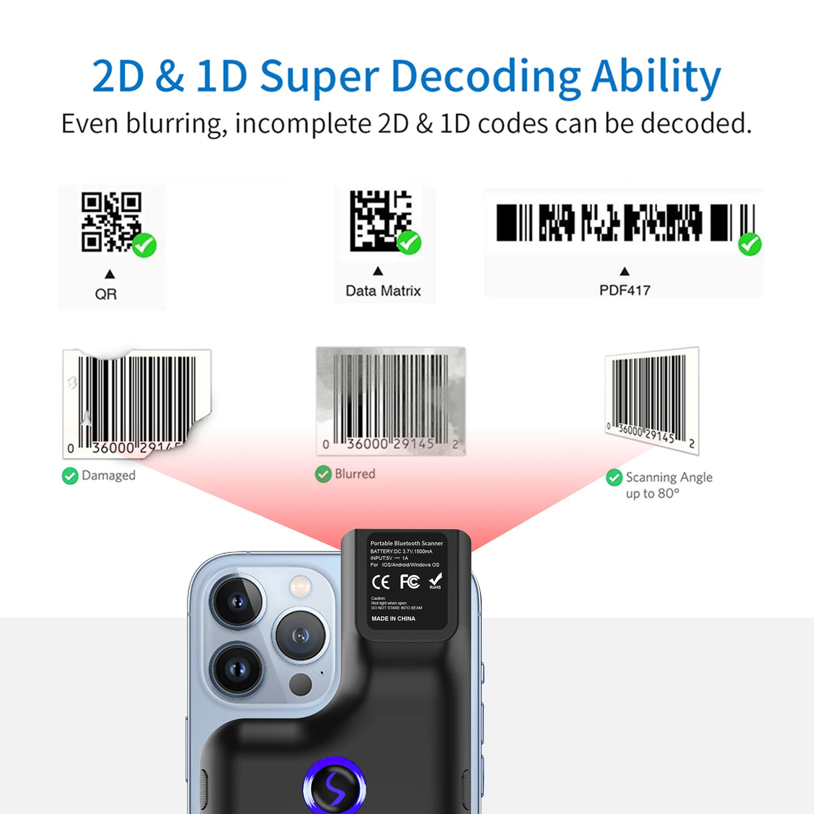 JEESTON BX75 Scanner de codes-barres sans fil 2D portable Scanner de compagnon mobile à clipser pour smartphones