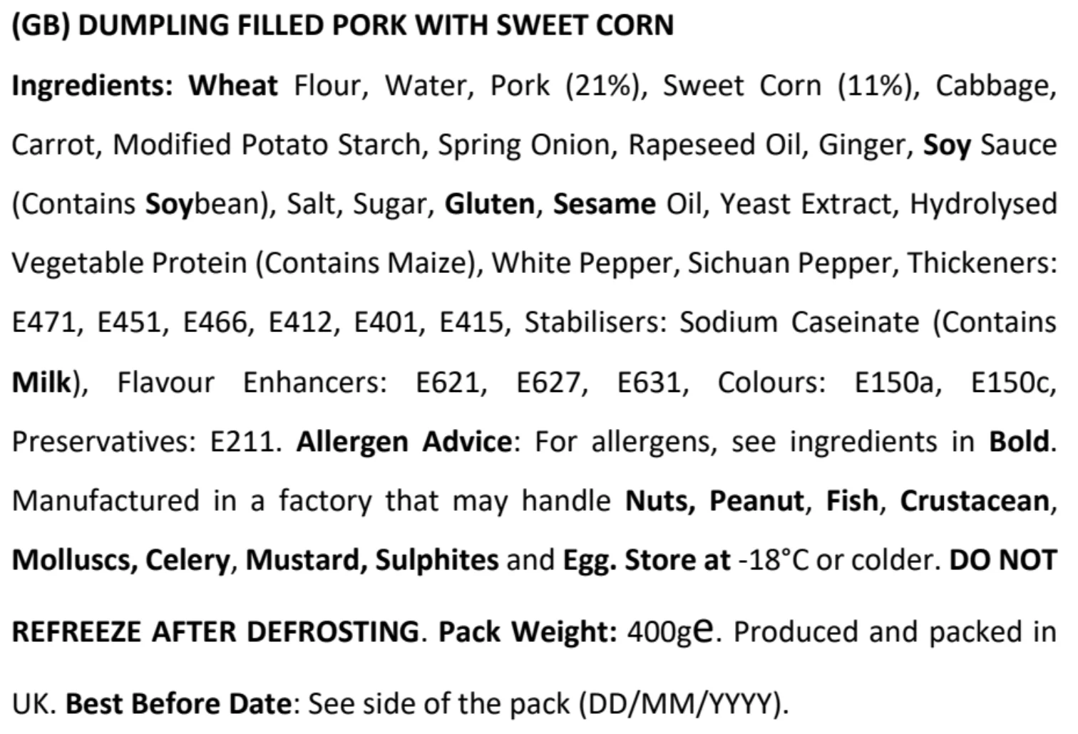 Kung Fu Pork and Corn Dumplings, Pack of 3, 400g per pack