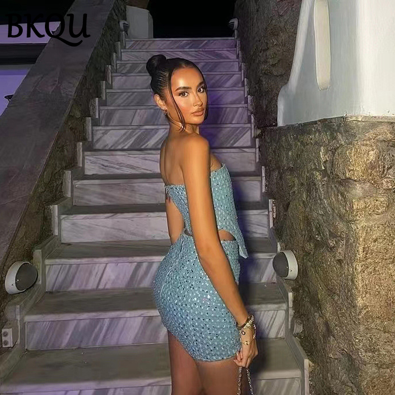 Bkqu-女性のためのスパンコールのついたデニムセット,ストラップレスのコルセット,タンクトップとミニスカート,セクシーなナイトクラブの衣装,夏のパーティー,2021