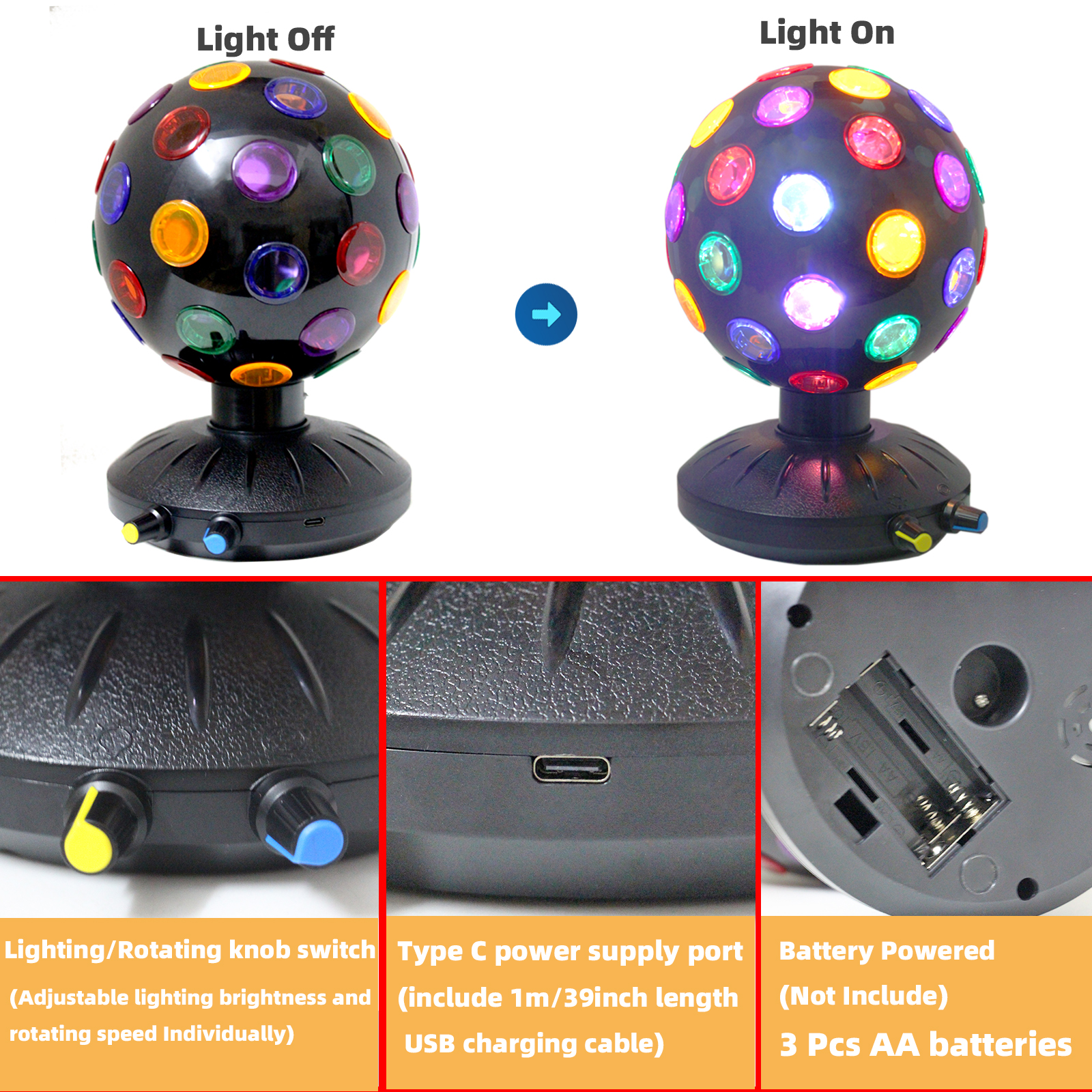 ลูกบอลดิสโก้ปั่นไฟกลางคืน LED ไฟดีเจ 360 °   โคมไฟดิสโก้ปรับความเร็ว / ความสว่างแบบหมุนได้ (การทํางานของ USB / แบตเตอรี่)