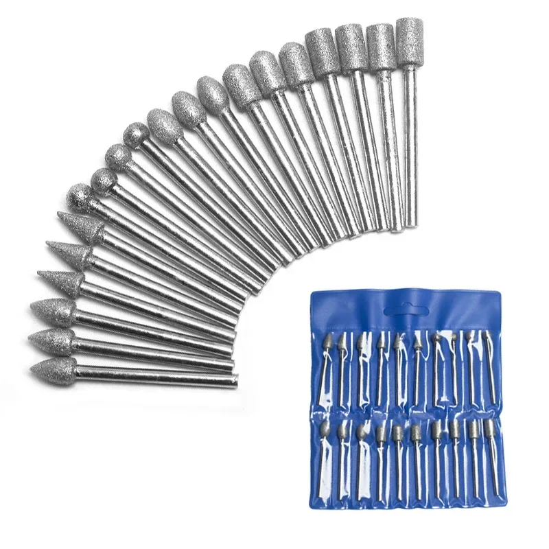 20 piezas cabezales de molienda de diamante de 3mm, Mini broca para herramienta de taladro rotativo, accesorios de molienda de rebabas, Kit de herramientas de vástago, herramienta abrasiva
