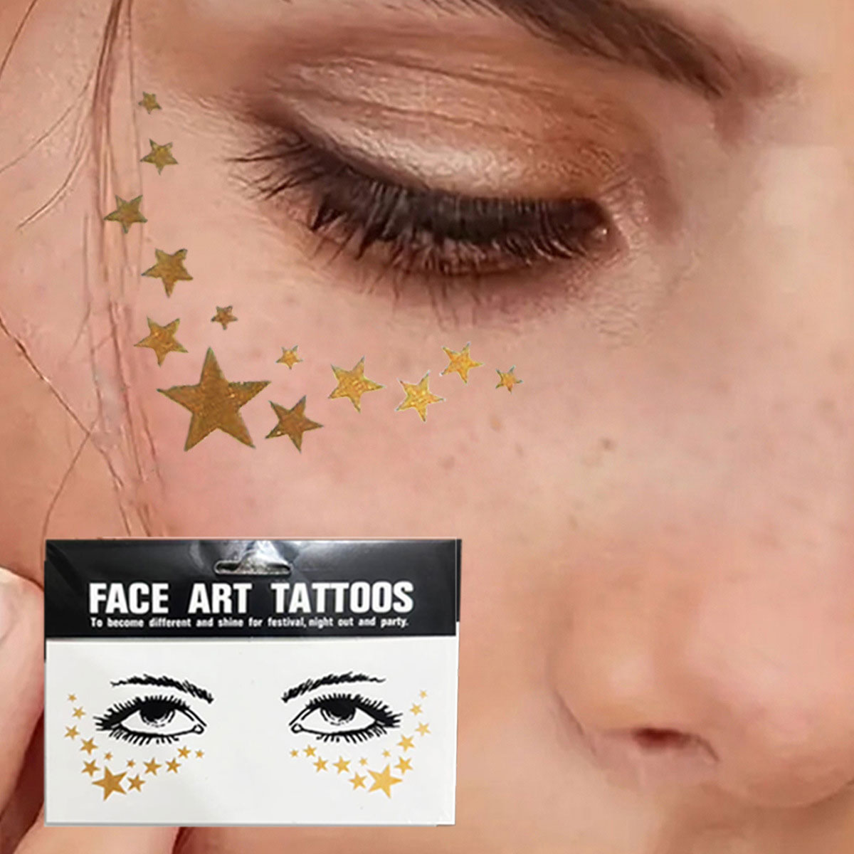 Gold Glitter Tattoo สติกเกอร์สําหรับแต่งหน้า Metallic Moon ดาวกันน้ําชั่วคราวรอยสักกระสําหรับผู้หญิง Eyebrow Party