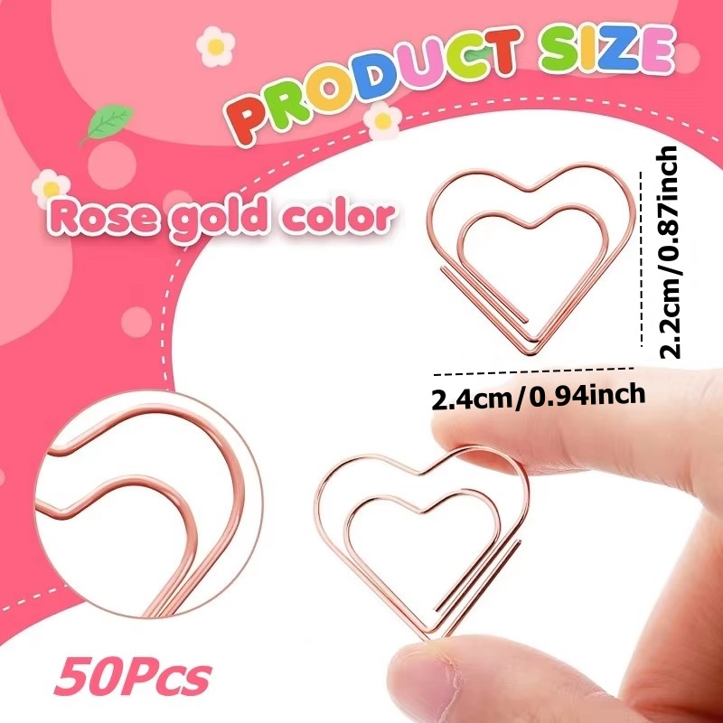 50Pcs/Set Metal Paper Clips Hearts Mini Binder Clip Bookmark Book Binding Note Decor Stationery School Office Binding Supplies