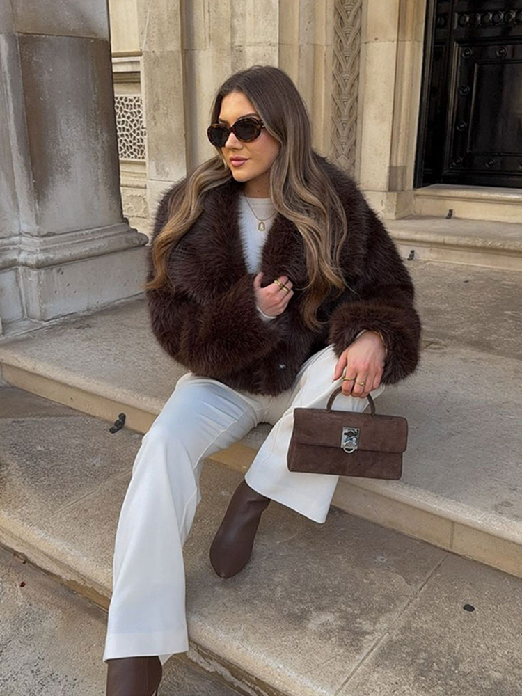 Herz drehen-unten Kragen Faux Pelz Mäntel Frauen Elegante Braun Lange Ärmeln Mantel Weibliche Herbst Verdickung Kurze High Street outwears