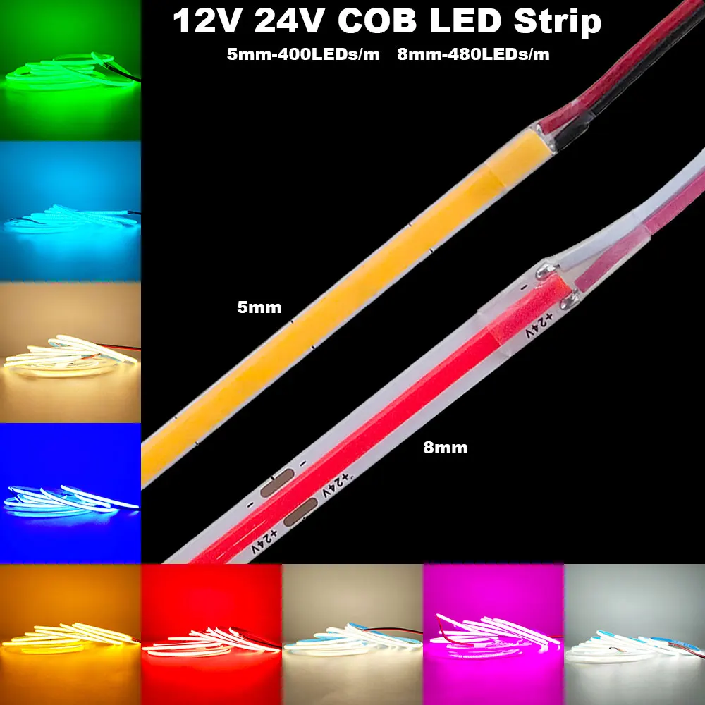 Tira de luces LED COB de 12V y 24V, 5mm/8mm, PCB, 400/480LEDs/m, tira de luces LED Flexible roja/verde/azul/rosa/azul hielo/amarilla para decoración del hogar