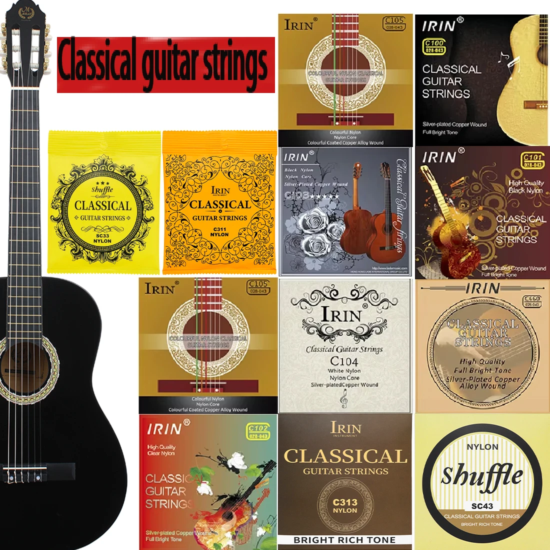 6 Pcs Strings Classical Guitar Strings Black Clear Nylon Guitarra Strings Sliver Plated Copper Wound String Guitar Accessories