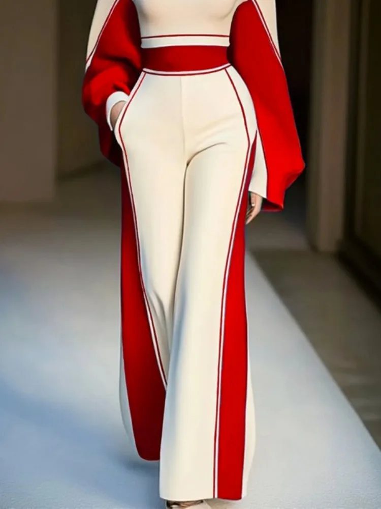 Yeezzi 女性アーバンカジュアルツーピースセット & ファッションストライプ長袖ハイネックトップス & 弾性ハイウエストワイドレッグパンツスーツ