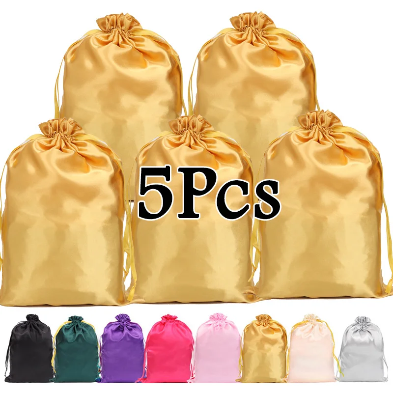 Bolsas para peluca, 5 uds., bolsas para extensiones de cabello con cordón, bolsa para peluca de satén suave y sedoso, paquete de bolsas para embalaje de peluca de pelo negro, rosa y dorado, 35x25cm