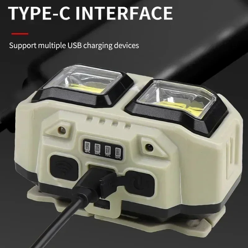 Potente linterna frontal LED de inducción, 4 modos de iluminación, linterna frontal de carga tipo C, impermeable para exteriores, para acampar y pescar