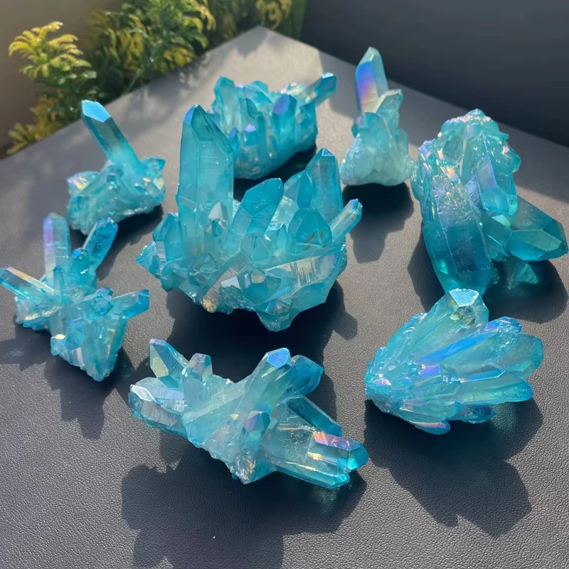 Quartz Natural Stones,Sky Blue Quartz Electroplating Titanium Crystal Cluster Stone Specimens Cured Coating Healing Crystals