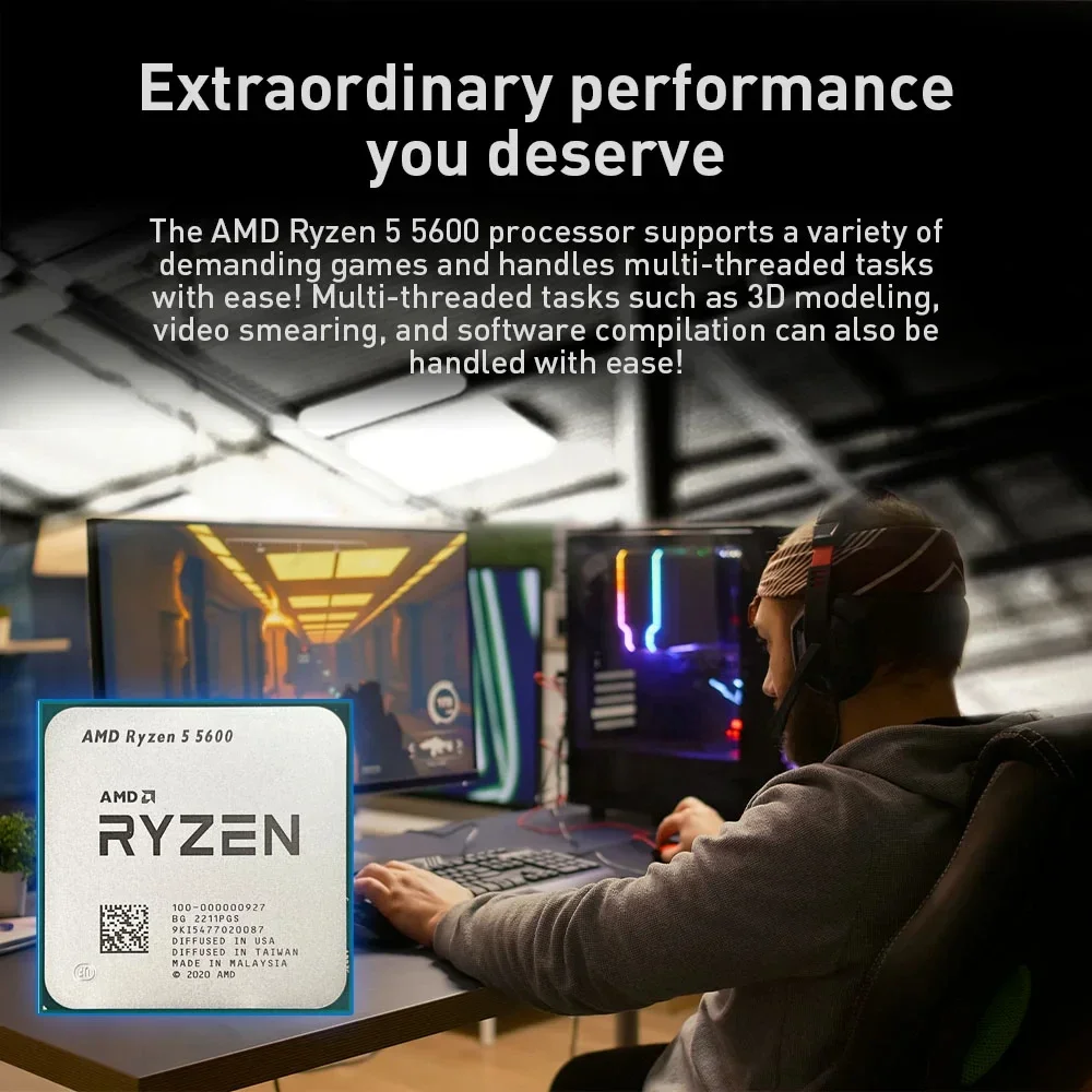 Processador CPU AMD Ryzen 5, R5 5600, 3,5 GHz, 6 núcleos, 12 thread, 7NM, L3 = 32M, 100-000000927, Soquete AM4, Sem ventilador, Novo