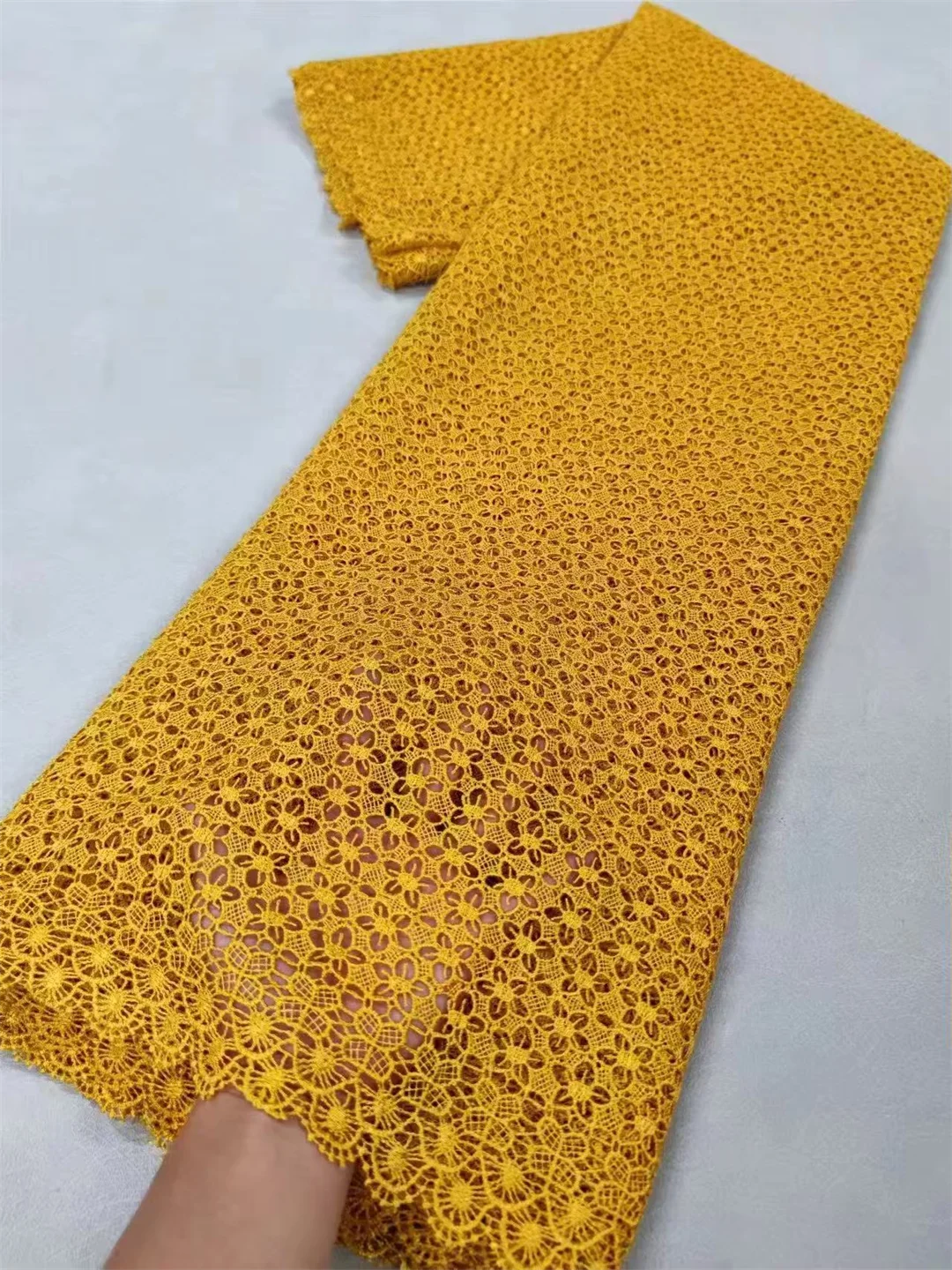 Tecido de renda de tule de casamento de algodão nigeriano africano, lantejoulas de vestido de festa para costura, solúvel em água, alta qualidade, 5 jardas