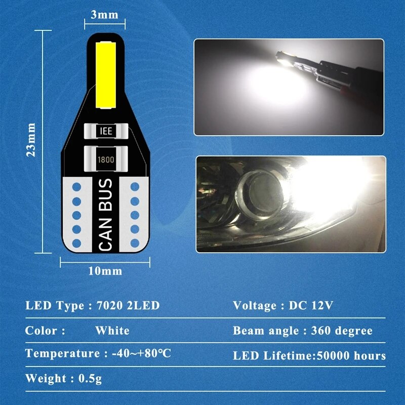 10 pçs t10 w5w led canbus lâmpada 194 168 7020 cob 2smd luzes interiores do carro lâmpada de leitura lâmpada cunha branco livre erros