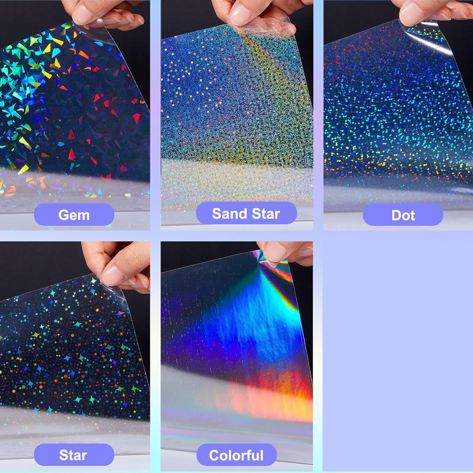 20 Sheets Holographic Sticker Paper A4 Clear Vinyl Self Adhesive Waterproof Transparent Laminating Sheets 11.7 x 8.3 Inch 5 Styl