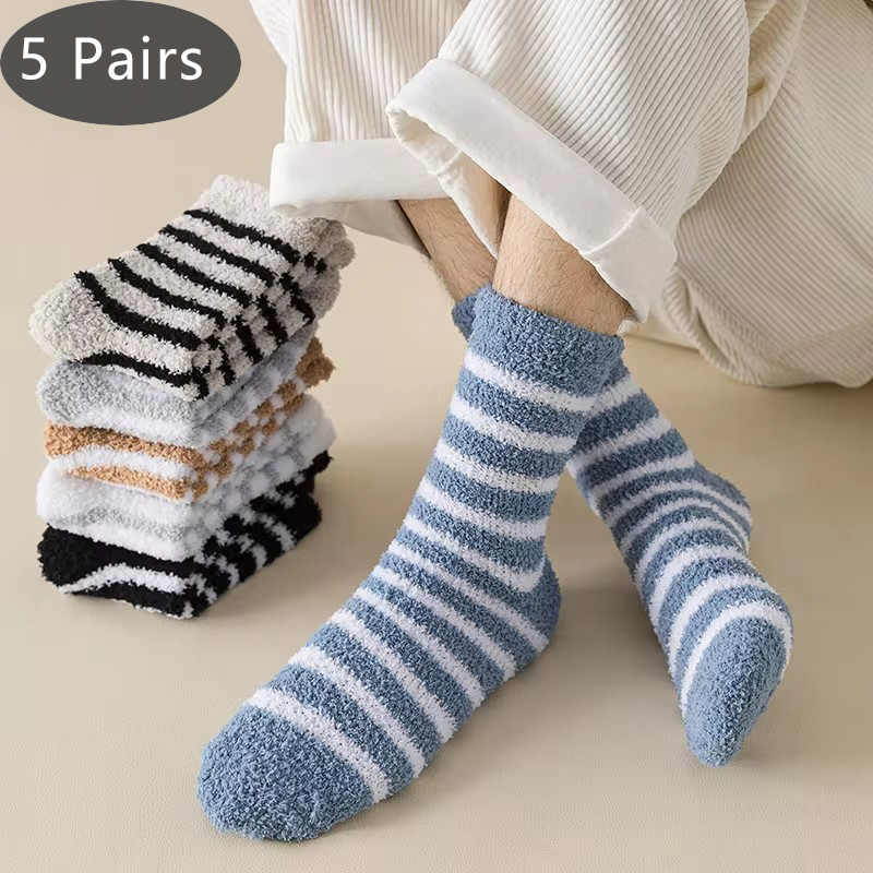 5 Pairs Dicke Herren Thermische Socken Winter Warm Gestreiften Korallen Fleece Flauschigen Einfarbig Schlaf Männliche Bett Socken Calcetines Heißer Verkauf
