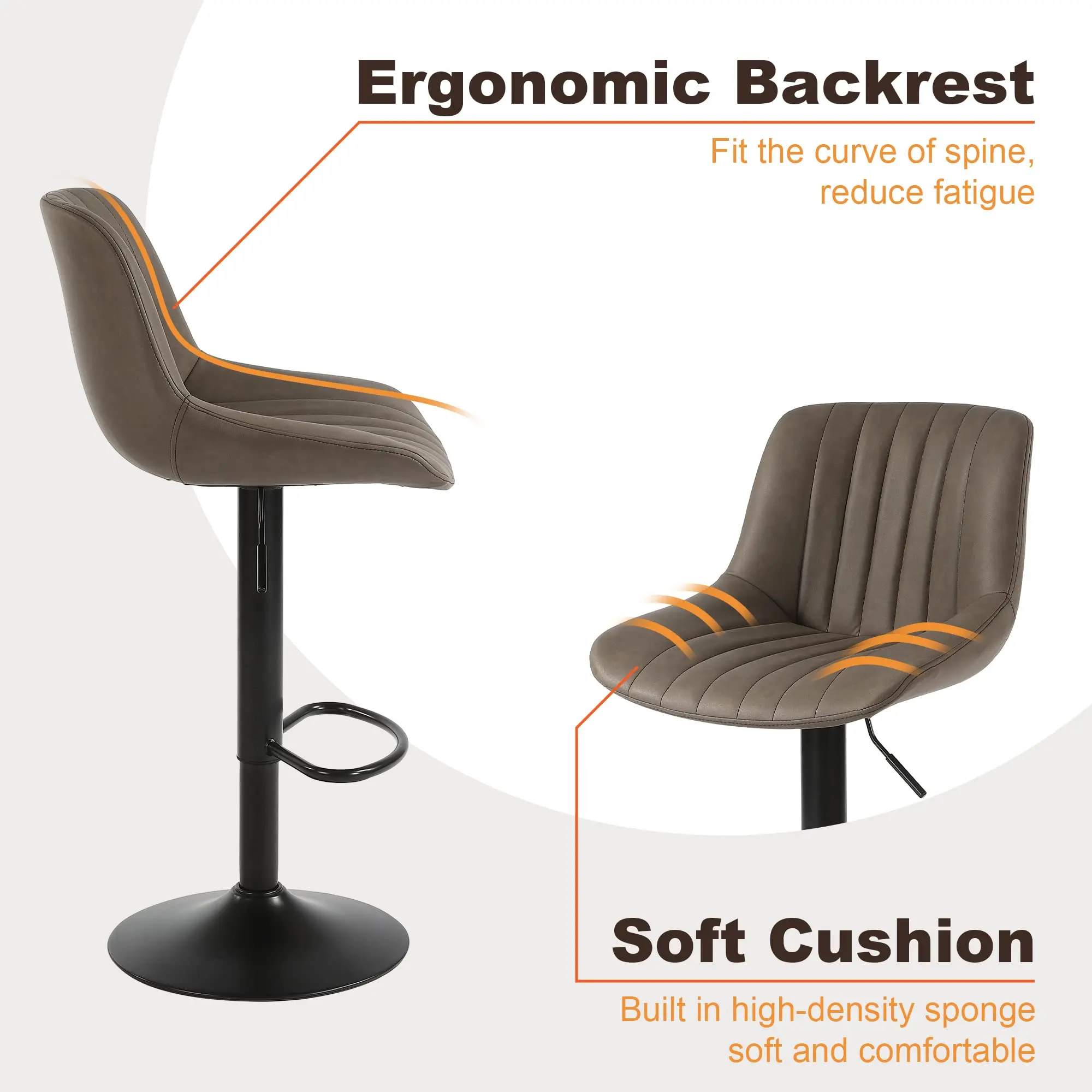 Conjunto de 2 bancos de bar Ralex-chair, bancos de bar giratórios com altura de balcão e encosto, cadeiras de bar ajustáveis em couro PU, marrom