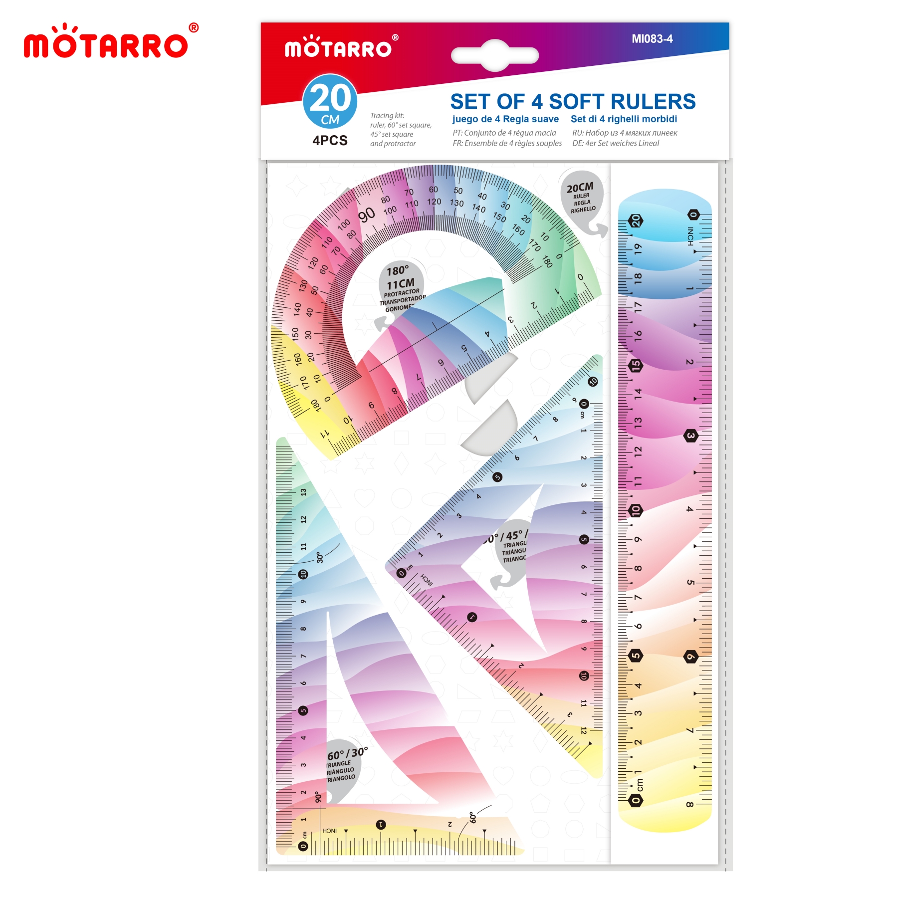 4 Pcs/set Ruler Set Soft Plastic Colorful Rainbow Rulers Shatterproof Bendable Flexible Ruler for School & Office Supplies