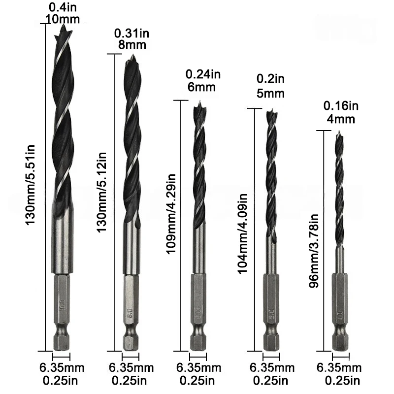5 st zeshoekige handvat driepuntige houtbewerking boor 4-10mm houtbewerking gat uitbreiden power boorgereedschap accessoire set