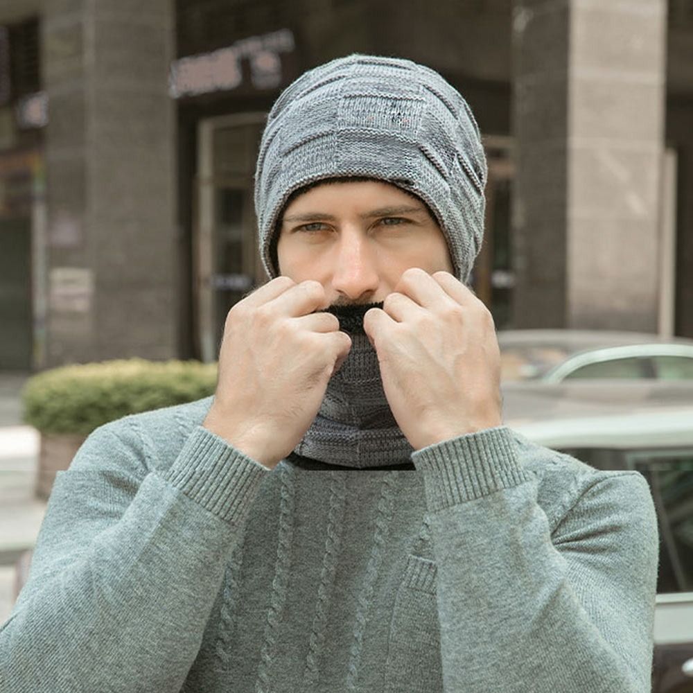 Mode Winter Herren Mütze Hut Schal Set dicken Fleece gefüttert Hals wärmer Schädel Motorhaube warme Ski mütze