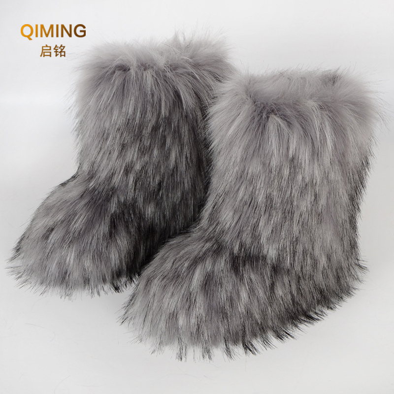 Botas de piel sintética para mujer, botas de nieve cálidas y esponjosas de felpa a media pantorrilla, botas peludas de moda de lujo, zapatos planos cómodos para exteriores