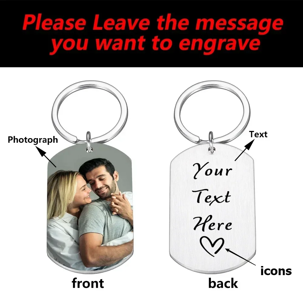 Custom Photo พวงกุญแจคู่ของขวัญครบรอบสําหรับแฟนเขาเธอสแตนเลสเลเซอร์แกะสลักข้อความสองด้านพวงกุญแจ