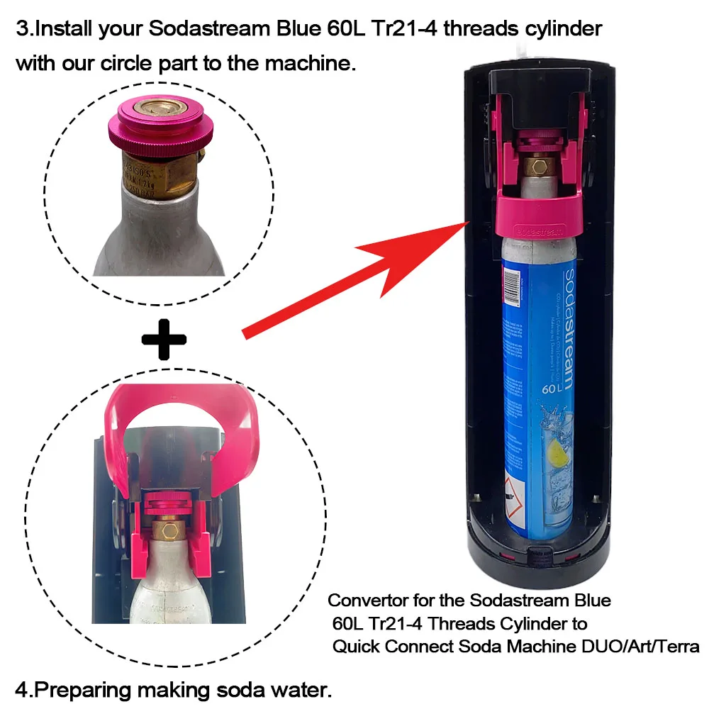CO2 Convertor Adapter for Sodastream Blue 60L Tr21-4 Threads Cylinder to Pink Quick Connect Sparkling Water Makers DUO/Art/Terra