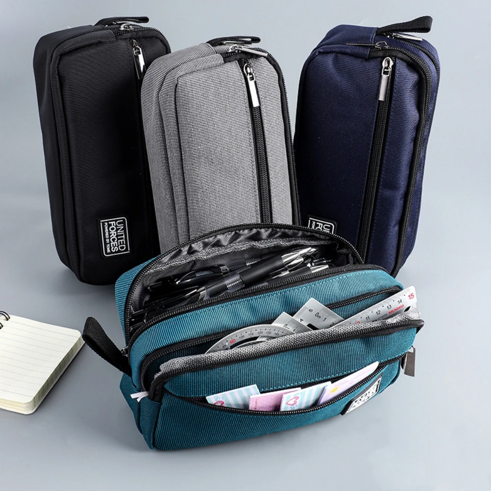 Bolsa de lápices portátil de tres capas de gran capacidad, estuche de lona para bolígrafo para niño, bolsa de almacenamiento de suministros escolares y de oficina, bolsa de papelería impermeable