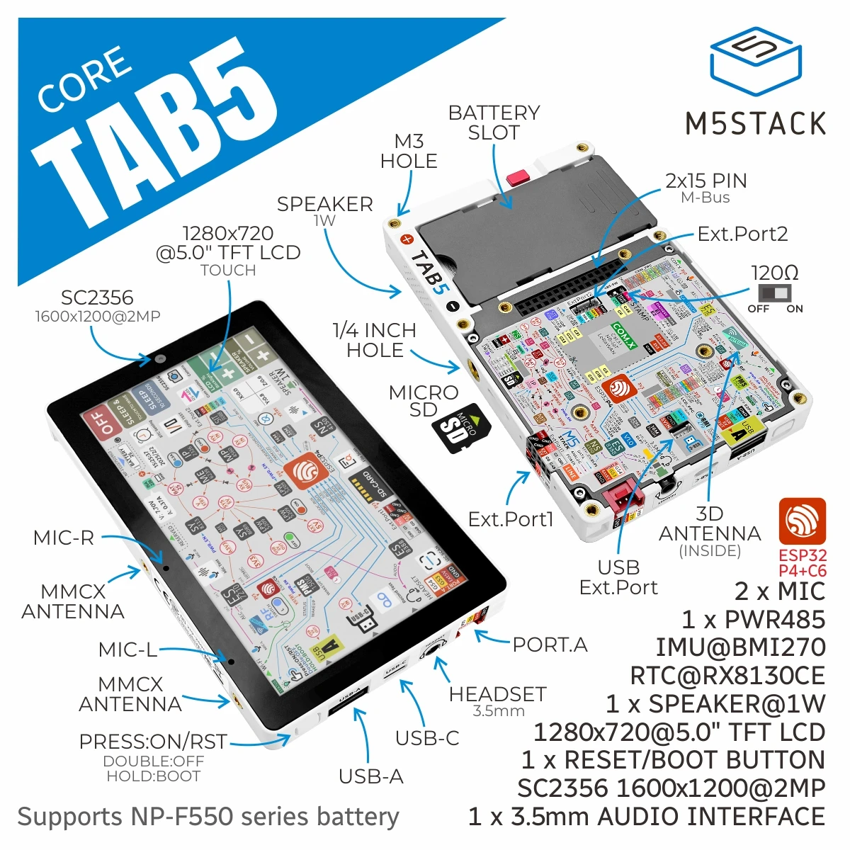 Официальный контроллер/комплект разработки M5Stack Tab5 IoT (ESP32-P4) — без аккумулятора