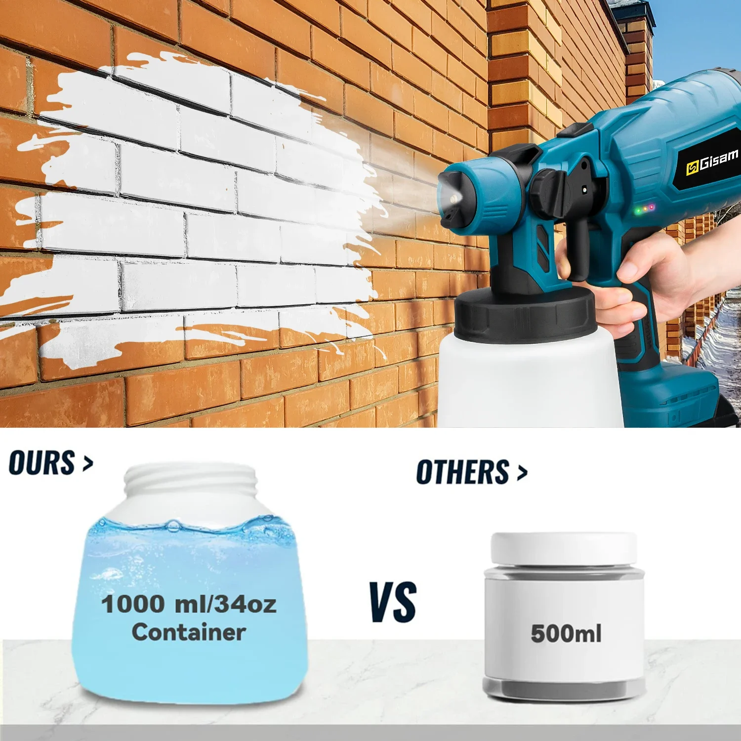 Gismis-pISTOLA DE PULVERIZACIÓN eléctrica para el hogar, pulverizador de pintura inalámbrico HVLP, aerógrafo con revestimiento de acero para muebles de coche, batería de 18V Pi, 1000ML