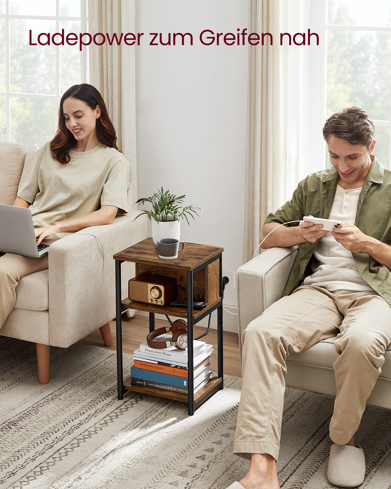 VASAGLE Beistelltisch, Nachttisch mit Steckdose, schmal, 2 AC-Anschlüsse, 2 USB-Anschlüsse, 30 x 34 x 58 cm, für Wohnzimmer