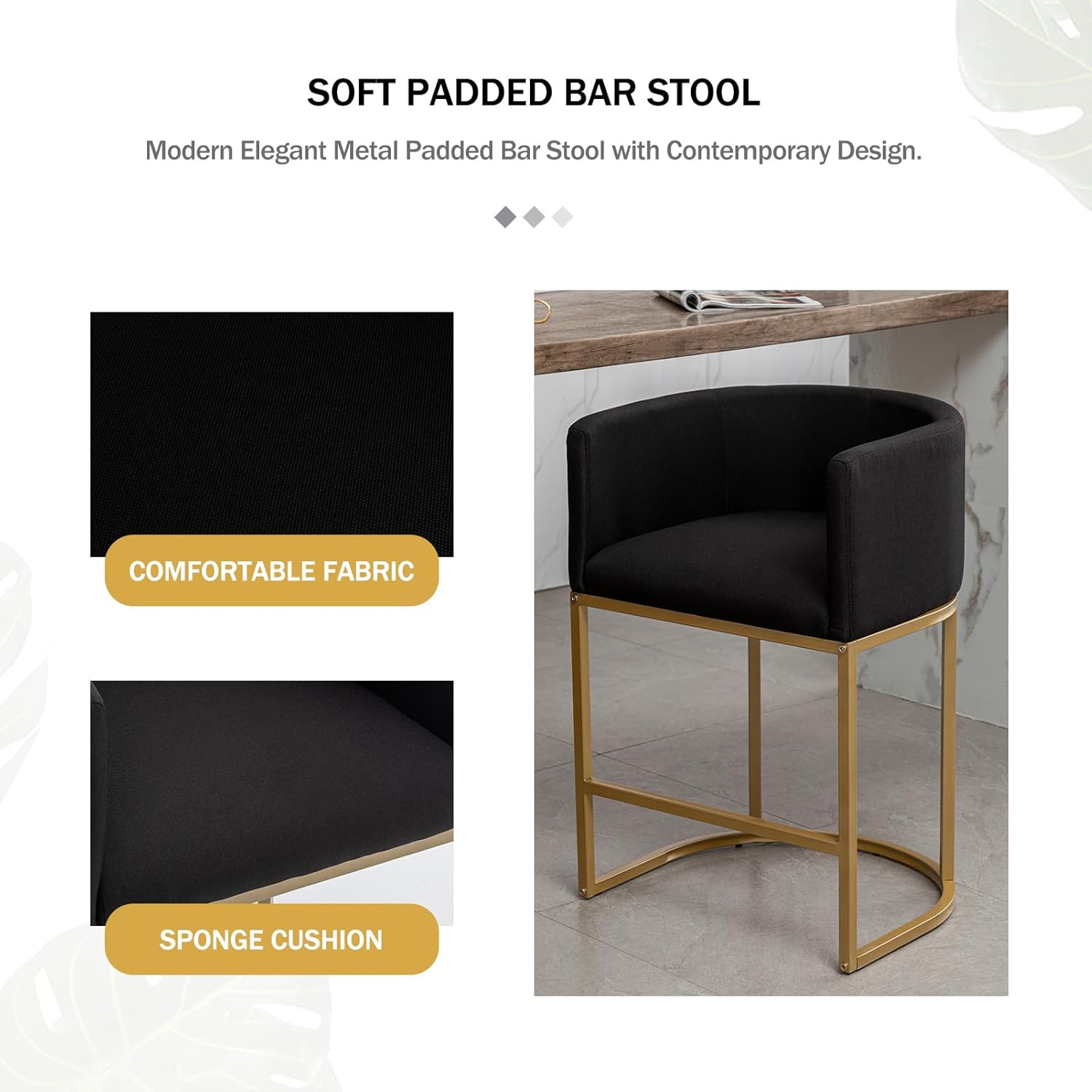 25" Gold Bar Stools Set of 4, Modern Barrel Bar Stool with Back, Counter Height Bar Stools for Kitchen Island, Pub, Club (Black)
