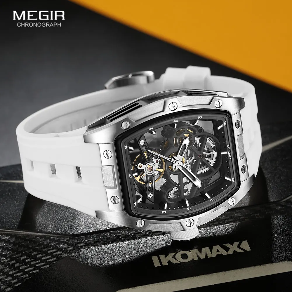 MEGIR 2242 นาฬิกาสําหรับชายแฟชั่นทหารกีฬา Analog นาฬิกาข้อมืออัตโนมัติพร้อมสายซิลิโคนสีขาว Tonneau Dial