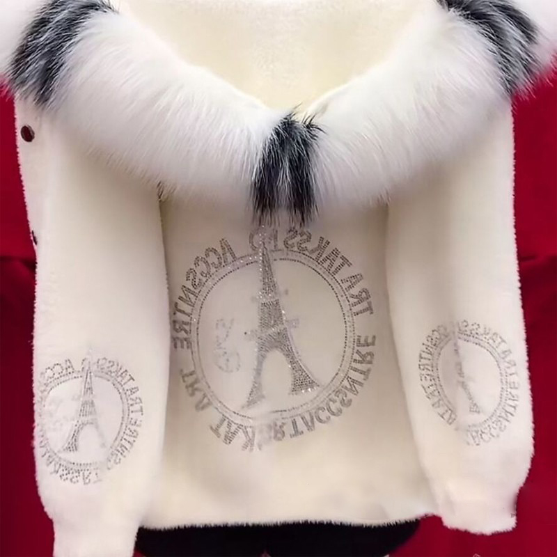 Manteau chaud en fausse fourrure de vison pour femme, couleur unie, épais, à capuche, avec strass et col en fourrure, Cardigan, nouvelle collection automne et hiver