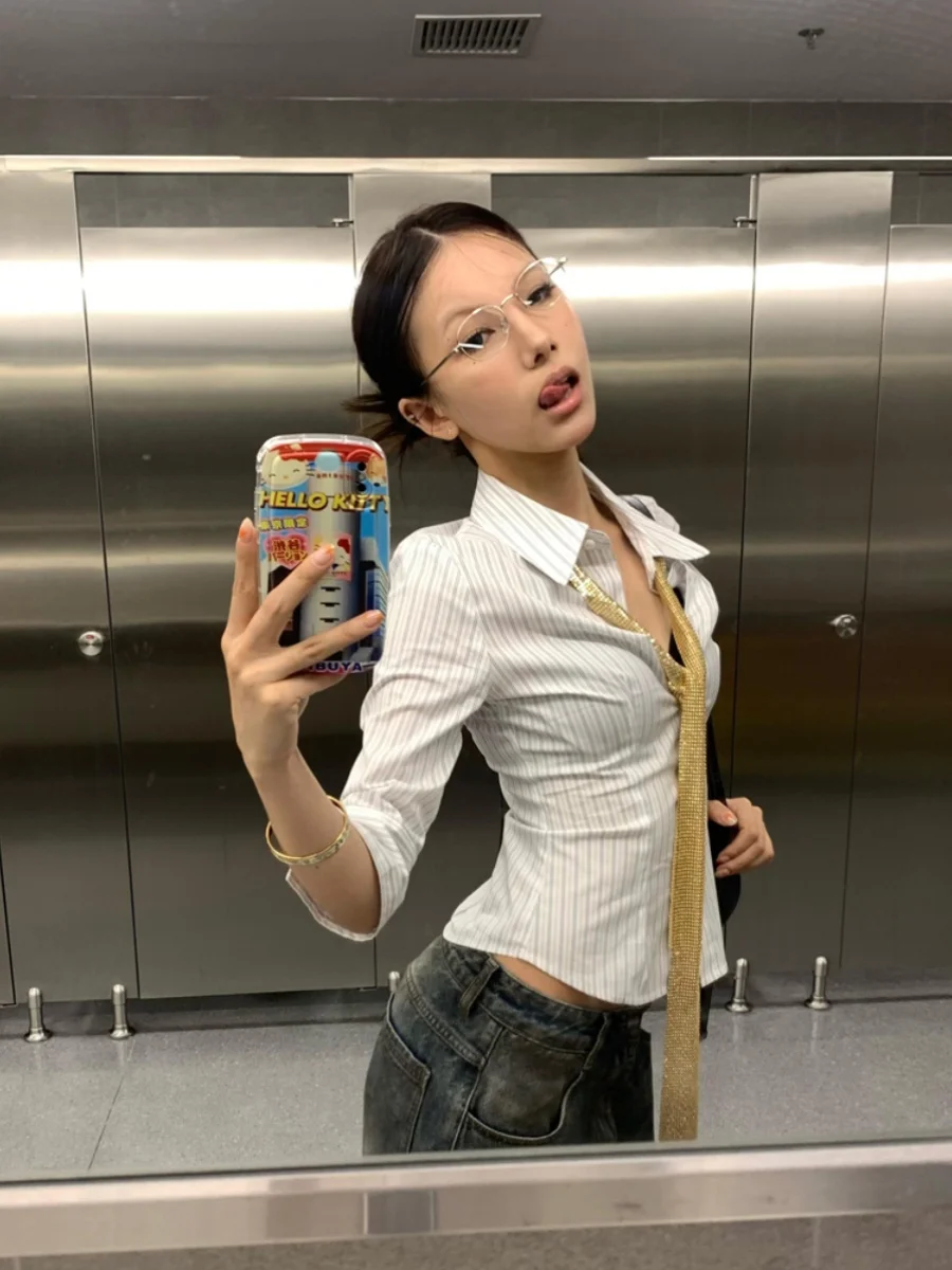 Genayooa 韓国ファッションシャツ女性ストライプスリークォータースリムシャツ Y2k ヴィンテージトップスストリート日本 2000 年代レトロシャツ