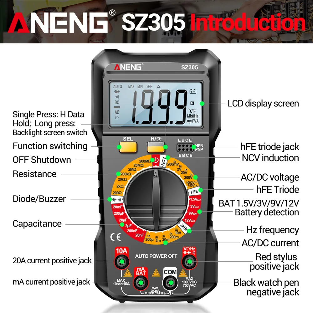 ANENG SZ305 Multimeter 1999, Zählung, professioneller AC/DC-Spannungsprüfer, Amperemeter, Kondensator, hFE, Triode, Hz, Detektor, Elektriker-Werkzeug