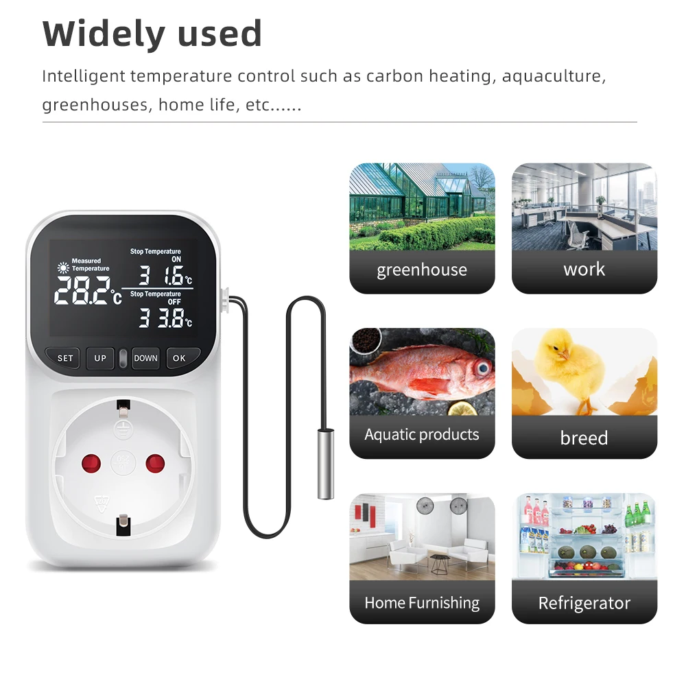 Digitaler Temperaturregler, Steckdose, Thermostat, EU-Stecker, 220 V, LCD-Display, voreingestellter Zeitschalter, Kühlung, Heizung, Temperatursensor