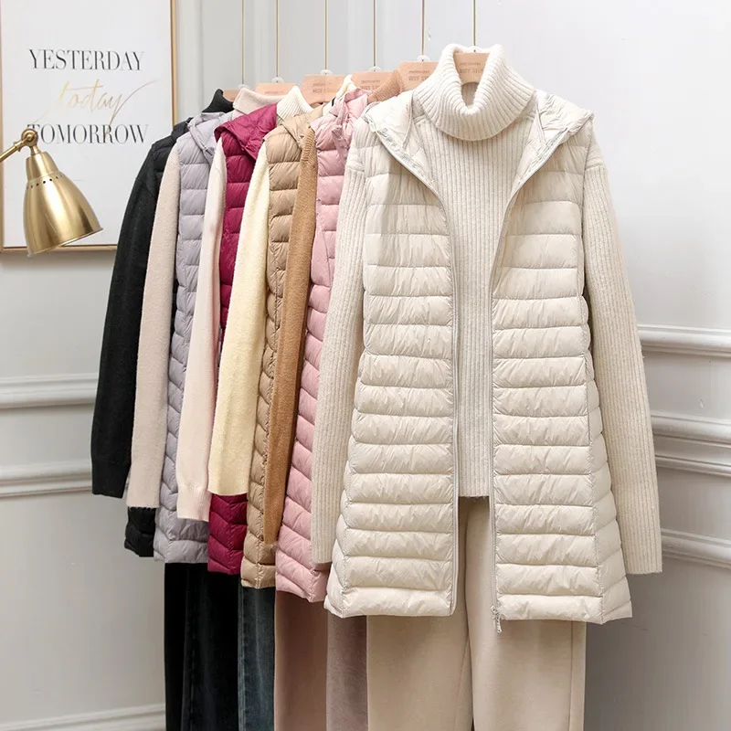 Damskie jesienno-zimowe kurtki bez rękawów z kapturem 2023 New White Duck Down Female Slim Fit Office Lady Warm Vest Coat