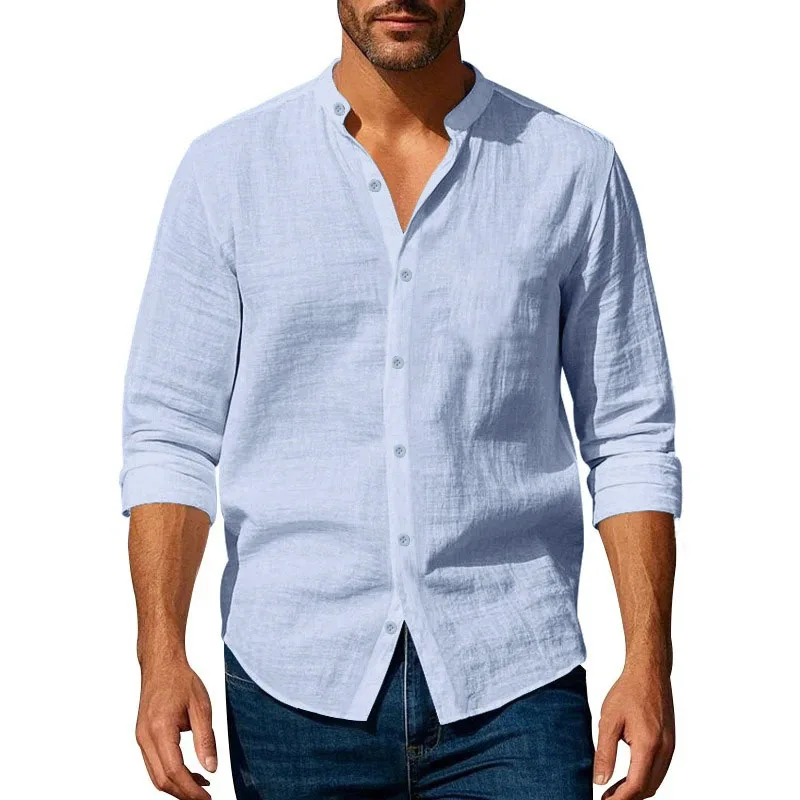 Camisa de lino de algodón para hombre, cuello Henley, Color sólido, ligera, transpirable, ajustada, camisa de un solo pecho, manga larga con botones