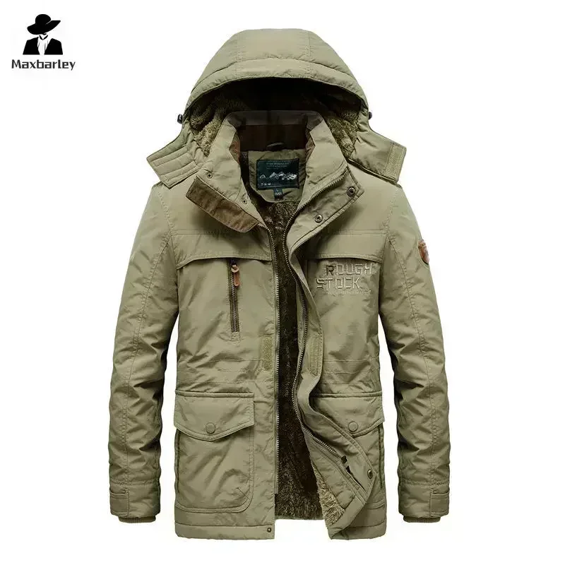 Parka de inverno masculino com vários bolsos, forro de lã espessada, jaqueta acolchoada à prova de frio, acampamento ao ar livre, boné removível, casaco quente masculino