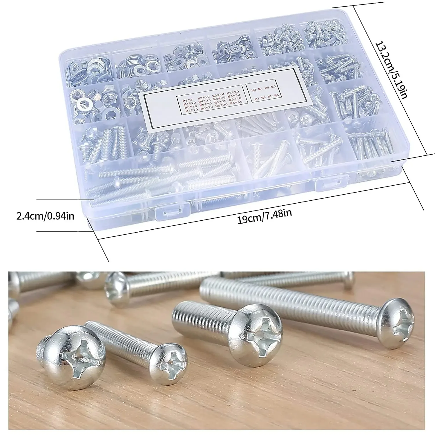 1080pc  screw bolt and nut and flat washer combination kit, metric,M3/M4/M5/M6 cross slotted flat head hexagon bolt and nut set
