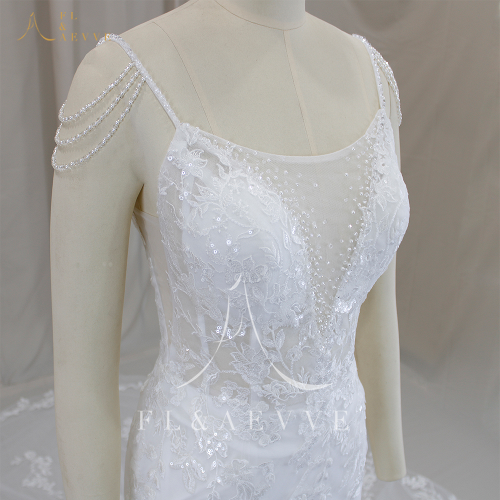 FL & AEVVE Aangepaste Luvury Kant Trouwjurk Spaghettibandjes Strand Bruidsjurken Bruiloft Jurk vestidos de novia