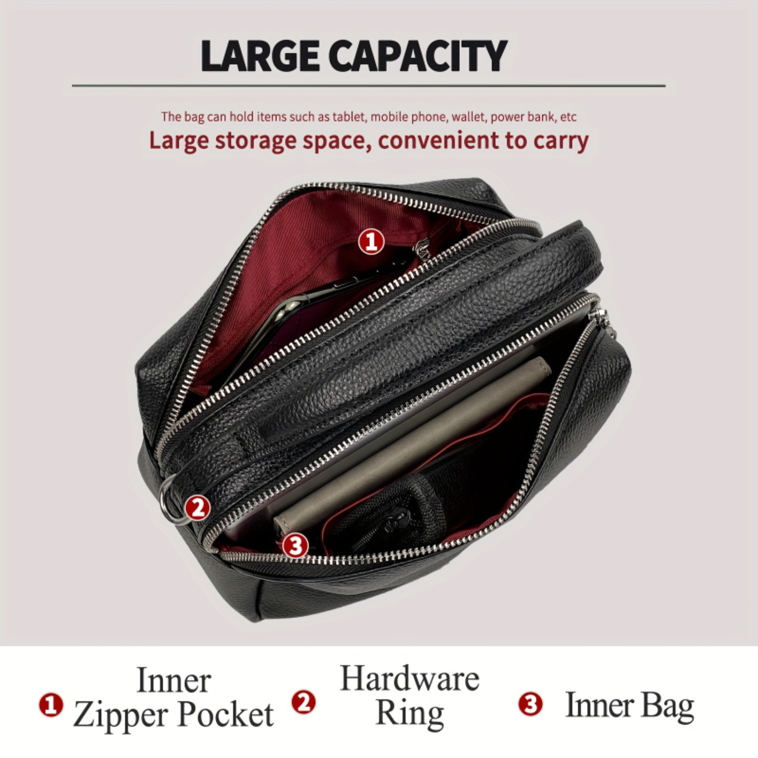 Luxury Genuine Leather Crossbody Bag for Women, Boston Handbag with Multi Zipper - Adjustable Shoulder Straps - Commute, Gather,