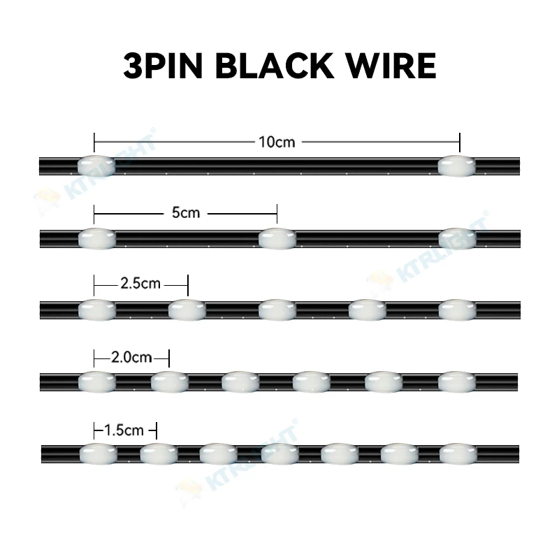 WS2811 Addressable LED Pixel String 1000 LEDs RGB 5V/12V IP68 Waterproof，3Pin Black Wire Adjustable Pitch for Outdoor Decoration